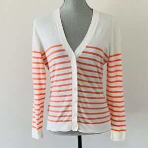 Pure Collection Striped Cotton Cardigan Sweater Orange Stripe Sz 8 Nautical